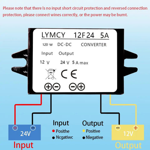 Front view of 12V To 24V Boost Converter Waterproof IP68 Module showing input and output connections and specifications.