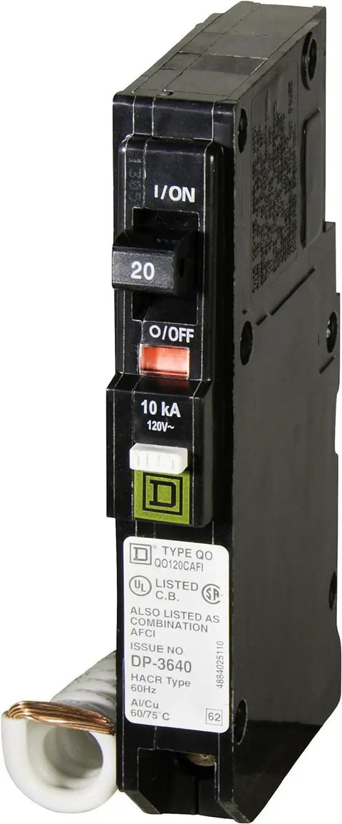 QO120CAFI 20 Amp Arc Fault Breaker, Single Pole AFCI with plug-on design, for QO load centers and NQOD panels, front view