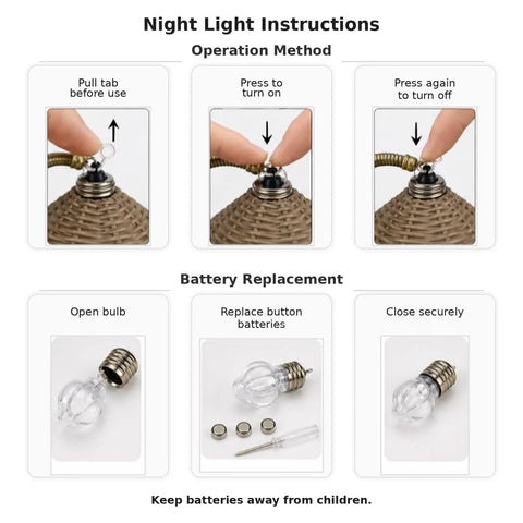 Instructions for Kiki Jiji Cat Lamp Resin Night Light with images showing operation and battery replacement steps.