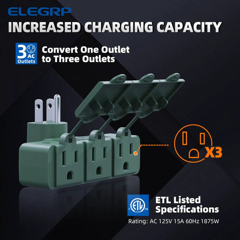 Heavy Duty Weatherproof 3 Outlet Extender Adapter With Triple Grounding And Durable Thermoplastic Construction, Dust Proof Cover, Indoor Outdoor Use, ETL Listed, Grounded Safety, 1 Pack, Green