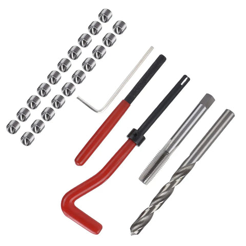 Thread Repair Kit M8x1 25mm Complete Set With Drill Bit, 20 Inserts, Hex Wrench, And Extra Pro Grade Tools For Quick And Easy Thread Repairs In Metal, Plastic, And Aluminum Surfaces. M8x1 kit with drill bit, tap, wrench, and inserts