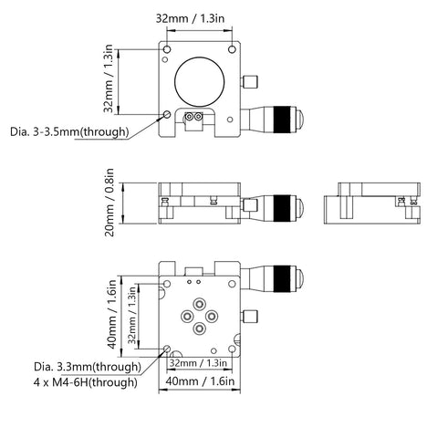 Technical drawing of the Rotary Positioning Stage 40x40mm Aluminum Alloy Plus Minus 10 Degree FineTune Rotation Table with Micrometer.
