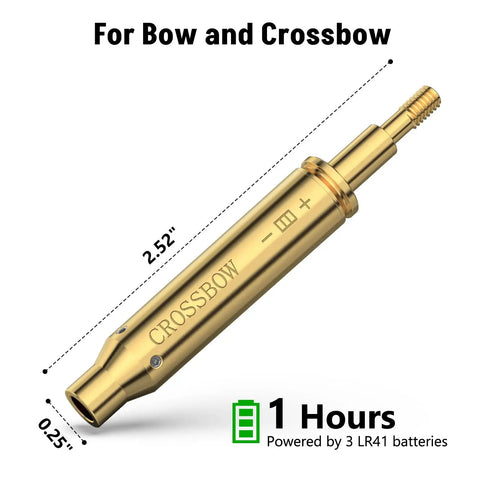 Red Laser Crossbow Bore Sight For Bow And Crossbow Arrows Threaded Sighting Tool, brass body with dimensions 2.52" length, 0.25" width.