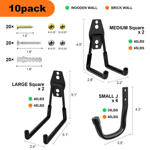 Heavy Duty Wall Garage Hooks Set Steel Anti Slip Utility Hangers For Ladders Bikes Hose Garden Tools Coats And Gear Rustproof Includes Mounting Hardware Black 10 Pack displayed with screws and wall anchors