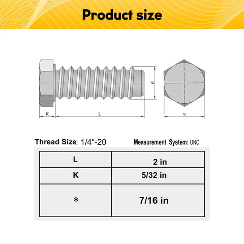 Product size diagram of 20 Pack 1/4-20 By 2 Inch Hex Head Bolts Forged From Top Shelf 304 Stainless Steel for outdoor use.