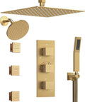 GRANDJOY 12" Ceiling Shower System with Handheld Spray, Brushed Gold, featuring square rainfall head and controls.