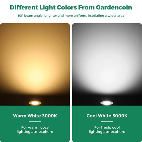 Comparison of warm white 3000K and cool white 5000K beam from Outdoor Recessed LED Landscape Lights 12-24V Low Voltage Dimmable.