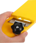 Close-up of Heavy Duty Abs Edge Trimming Jig For Woodworking Shop Real Deal Hand Planer, showing yellow ABS body and adjustable blade.