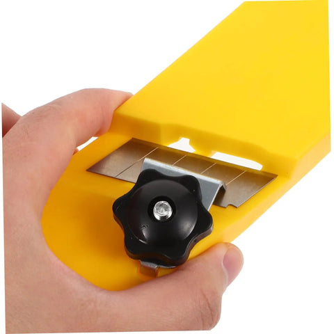 Close-up of Heavy Duty Abs Edge Trimming Jig For Woodworking Shop Real Deal Hand Planer, showing yellow ABS body and adjustable blade.
