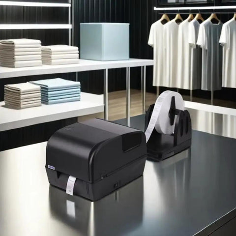 Heavy Duty Thermal Transfer Label Printer With Smooth 200 DPI Output and Zero Sweat on a desk with roll for wash care tags and jewelry.