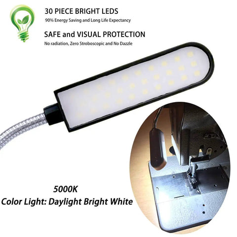 Bright LED Sewing Machine Light With 30 LEDs And 6W Power, Flexible Gooseneck Work Lamp For Your Workbench Lathe And Drill Press, Daylight White, Magnetic Mount, Black Finish