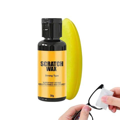Glasses Scratch Remover And Anti Fog Lens Cleaner Spray 30g Compact Travel Kit next to cleaning sponge and hand cleaning glasses