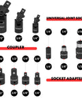 Universal joint socket, coupler, and adapter sizes from Pro Grade 18 Piece Impact Socket Extension Set With Universal Joints And Adapters For Quick Access 1/4 3/8 1/2 Inch Drive Includes Short And Long Extensions Hex Couplers U Joints For Tough Auto And Shop Jobs