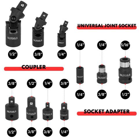 Universal joint socket, coupler, and adapter sizes from Pro Grade 18 Piece Impact Socket Extension Set With Universal Joints And Adapters For Quick Access 1/4 3/8 1/2 Inch Drive Includes Short And Long Extensions Hex Couplers U Joints For Tough Auto And Shop Jobs