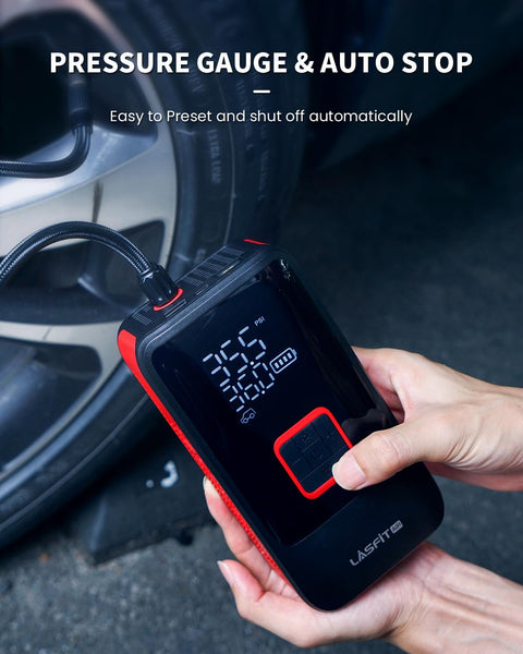 Portable Tire Inflator Air Compressor With Digital Pressure Gauge Auto Stop and 150 PSI, 12000mAh Battery Powered in use