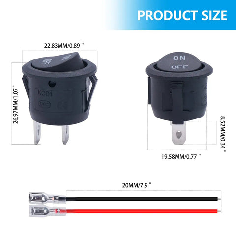 Five Pack 12V Round Rocker Switches SPST Two Pin On Off Toggle For Cars Boats RVs Marine Use With Wires Black