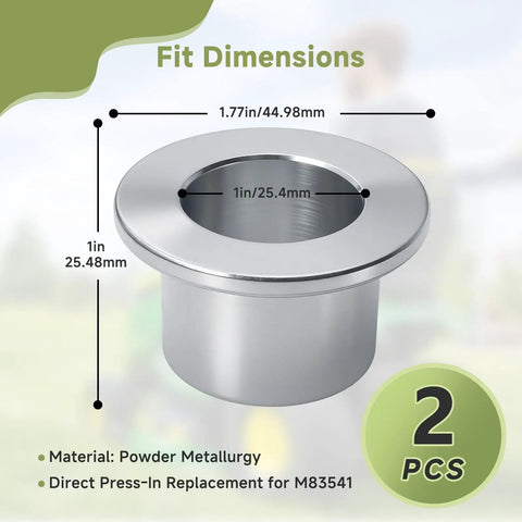 Premium Heavy Duty Steering Pivot Bushing 2 Pack For John Deere X700 X900 Riding Mower showing dimensions and steel material.
