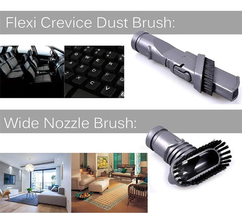 Replacement Vacuum Cleaner Attachments Kit Not OEM Grab N Go Compatible With V11 V10 V8 Absolute V8 Animal showing dust and nozzle brushes