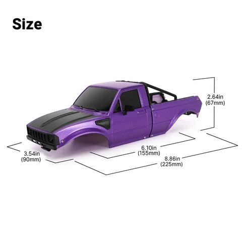 Purple 1/18 Scale RC Crawler Pickup Hard Body Shell With Bed Rack for TRX4M showing dimensions, realistic rubber mirrors.