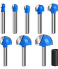 Box Router Bit Set 8 Pc Solid Carbide 1/4 Inch Shank Woodworking Bits With 1/4 To 1 Inch Round Nose Double Flute
