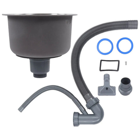 Mini Round Stainless Steel Kitchen Sink Bar Basin with Drainpipe Fitting 30cm Diameter, compact design with accessories.