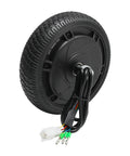 Brushless hub motor wheel with 6.5-inch road tire, black, with wiring harness.