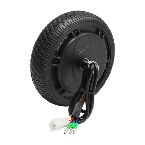 Brushless hub motor wheel with 6.5-inch road tire, black, with wiring harness.