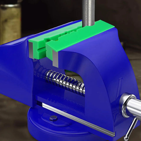Pro Level Knockout Magnetic Vise Jaw Pads 2 Pack in blue vise with green non-marring pads for secure grip on metal and wood.