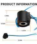 12V 16W Solenoid Valve Coil For Hydraulic Power Unit Lift Dump, One Half Inch Hole, Dual Wire Leads, dimensions shown