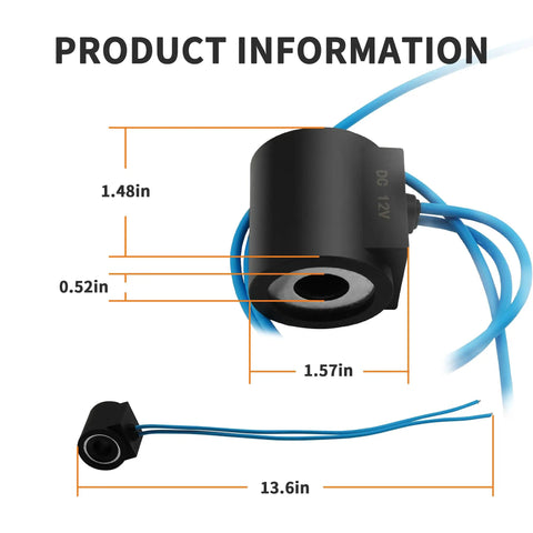 12V 16W Solenoid Valve Coil For Hydraulic Power Unit Lift Dump, One Half Inch Hole, Dual Wire Leads, dimensions shown