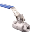 Side view of stainless steel 304 ball valve with blue lever handle and locking device, 1/4 NPT, full-port