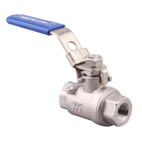 Side view of stainless steel 304 ball valve with blue lever handle and locking device, 1/4 NPT, full-port