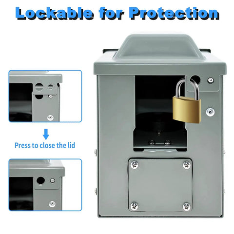 Rugged Heavy Duty 50 Amp 250 Volt Outdoor Weatherproof NEMA 6 50R Outlet Box With Lockable Enclosure, front view with lock