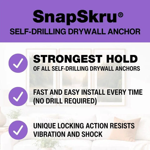 SnapSkru self-drilling drywall anchor features strongest hold, fast install, unique locking for hollow walls.