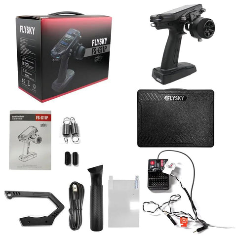 2.4GHz 11CH RC Transmitter With Dual Antennas and 3.5 Inch IPS Screen, FS-G11P transmitter, FS-R11P receiver, packaging, accessories