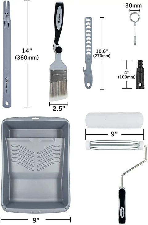 10 Piece Paint Roller Kit With 9 Inch Rollers Tray Extendable Poles Angled Brush Extra Roller Covers Can Opener Stir Bar For Weekend Warriors