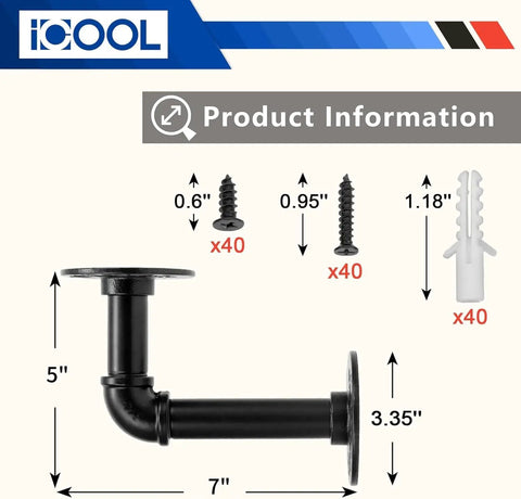 Ten Pack 7 Inch Industrial Pipe Shelf Brackets Heavy Duty Unibody For 8 To 14 Inch Boards with screws and anchors shown.