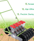 Metal Garden Seeder With Five Row Capability Walk Behind Planter for vegetables with red hoppers on wooden path