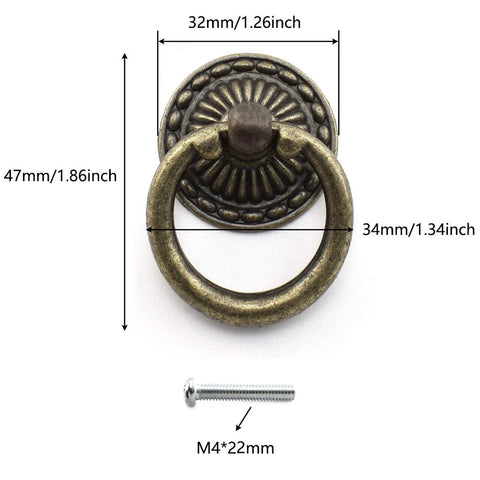 Antique Bronze Ring Knob Pull Handles 4 Pack With Matching Screws For Drawers Cabinets Dressers Cupboards And Jewelry Boxes In Zinc Alloy Rust Resistant Durable Hardware With 31 Mm Base 34 Mm Ring 46 Mm Height