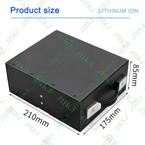 High Capacity 48 Volt Lithium Battery For Electric Forklift And Pallet Jack With Portable Handle, black steel case, 210mm x 175mm x 85mm.