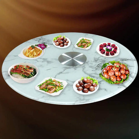 Swivel Turntable Lazy Susan For Dining Table Fits 70 to 120 cm with dishes on tempered glass marble pattern surface