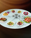 Rotating Glass Serving Tray For Dining Table 70-120 Cm Tempered Marble Pattern Turntable shown with dishes