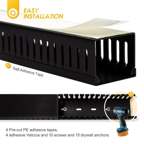 Open Slot Cable Management Kit With Upgraded Snap Structure Built For Big Cable Loads, showing black wire cover with self-adhesive tape.