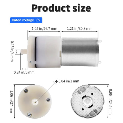 Dimensions of Six Volt Mini Aquarium Air Pump Motor For Oxygen Circulation, Quiet Lil DC Pump For Fish Tanks, 27mm Diameter, 57.5mm High