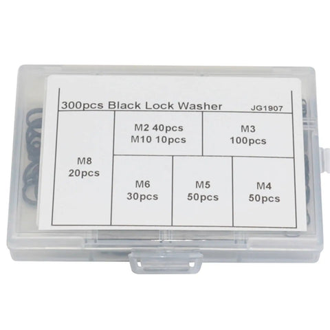 Beefy 300 Pack Black Carbon Steel Spring Split Lock Washers Set For Nuts And Bolts, clear organizer box with assorted M2-M10 sizes