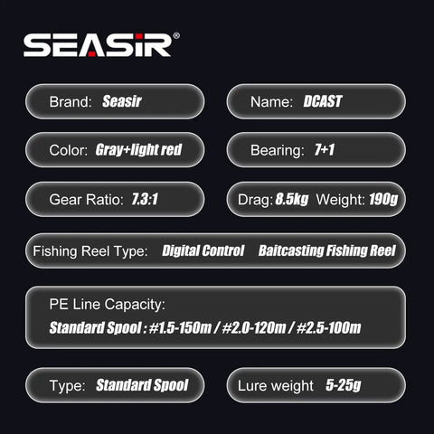 Image showing specifications of DCast Baitcaster Reel With Digital Control System including gear ratio 7.3:1, weight 6.7oz.