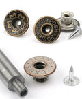 20 Piece Jeans Button Tack Kit With 17mm Metal Snap Fasteners For Jeans Jackets Backpacks And Other Heavy Fabrics Replacement Press Stud Set Includes Handy Storage Box Style Three. Close-up of metal buttons and tack tools.