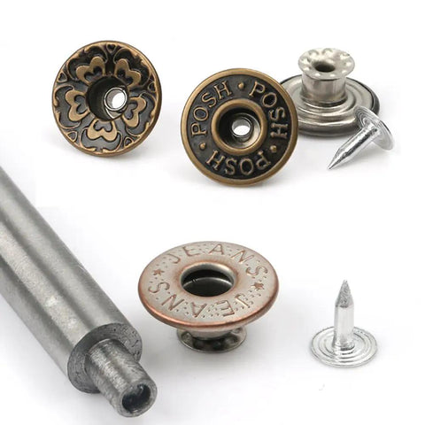20 Piece Jeans Button Tack Kit With 17mm Metal Snap Fasteners For Jeans Jackets Backpacks And Other Heavy Fabrics Replacement Press Stud Set Includes Handy Storage Box Style Three. Close-up of metal buttons and tack tools.
