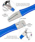Close-up of rotor truing fork tool for bike disc alignment and rotor straightening, blue handle, 46mm and 15mm ends.