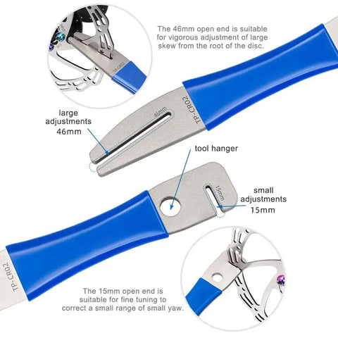 Close-up of rotor truing fork tool for bike disc alignment and rotor straightening, blue handle, 46mm and 15mm ends.